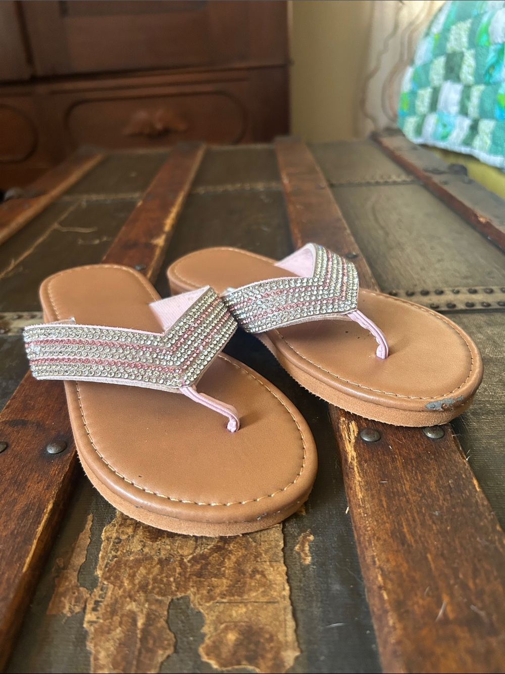 Embellished Pink Strap Brown Footbed Flip Flops